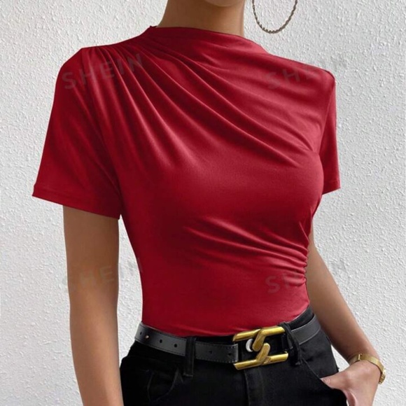 NWOT Ruched Mock Neck Tee - Picture 1 of 8